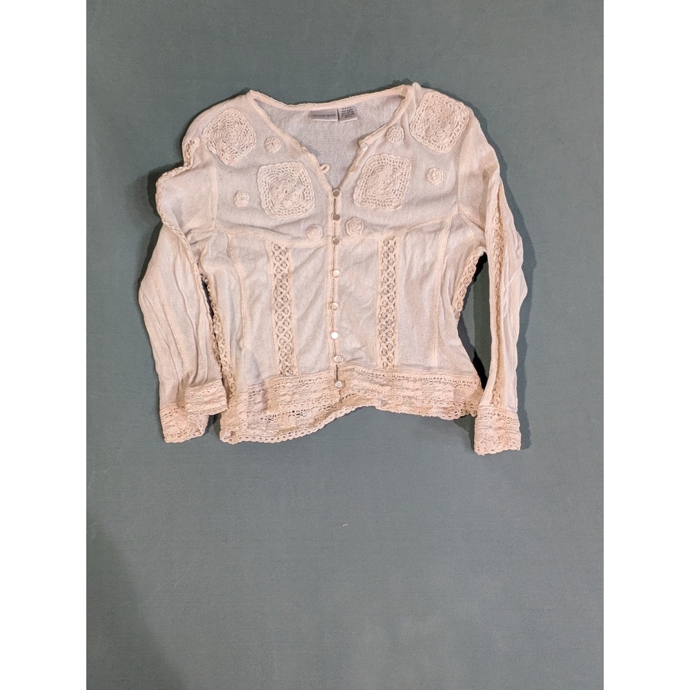 Vintage Newport News Cream Crochet Lace Mesh Cotton Cardigan Top Size 10 Boho
